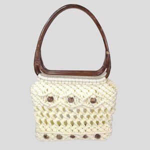 Macrame Woven Shoulder Handbag Tote Purse Boho Chic Ivory Brown Beads Handles